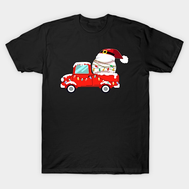 Christmas Baseball Ball Santa Hat tree light truck Funny Sports Xmas T-Shirt by Marcekdesign